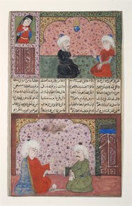رجلين في غرفة ذات جدران مزخرفة (مرحاض غير شفاف وذهب على ورق) بواسطة المدرسة الهندية