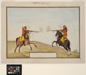 جنديان على ظهرهما يتبادلان نيران البندقية حوالي عام 1830 (ألوان مائية غير شفافة وذهبية على ورق) بواسطة المدرسة الهندية
