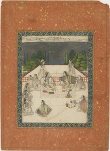 امرأتان تجلسان على الشرفة ، ويحيط بهما الحضور والموسيقيون ، 1650 ج (مرحاض غير شفاف وذهب على ورق) بواسطة المدرسة الهندية