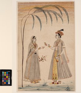 امرأتان تحت شجرة حوالي عام 1750 (ألوان مائية غير شفافة وذهبية على ورق) بواسطة المدرسة الهندية