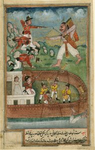 Un demon attaquant un fort defenseu par des Soldats d'Europe - الشياطين الهنود الذين يهاجمون الحصن الذي تدافع عنه القوات الأوروبية - الفن الهندي - ج. 1790 - ألوان مائية على ورق - 24 × 15،3 - مجموعة خاصة بواسطة المدرسة الهندية