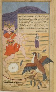 Vol.1 fol.132 نسر جاتايوس يسمع نداء سيتاس ويعطي معركة لرافانا (ألوان مائية مبهمة وحبر وذهب على ورق) بواسطة المدرسة الهندية
