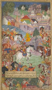 المجلد ١ ص ٢٠ من داساراثا يتجه نحو أنجادا لدعوة Rsyasrnga إلى منزله (مرحاض غير شفاف ، حبر وذهب على ورق) بواسطة المدرسة الهندية