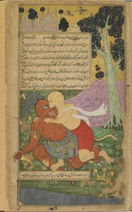 Vol.2 fol.220 سوجريفا يكتسب حريته من خلال تشويهه المفاجئ لـ Kumbhakarna (ألوان مائية مبهمة وحبر وذهب على ورق) بواسطة المدرسة الهندية