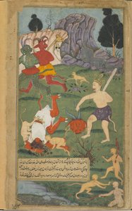 المجلد ٢ صفحة ٢٨٢ هانومان يقطع رؤوس تريسيراس (ألوان مائية مبهمة وحبر وذهب على ورق) بواسطة المدرسة الهندية