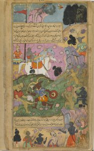 Vol.2 fol.253 Vibhisana يحث القرود على إكمال انتصارهم على الركازات بقتل Indrajita وقواته (ألوان مائية مبهمة وحبر وذهب على الورق) بواسطة المدرسة الهندية