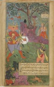 Vol.2 fol.264 رافانا يطلق سلاح أسورا السحري في راما (ألوان مائية مبهمة وحبر وذهب على ورق) بواسطة المدرسة الهندية