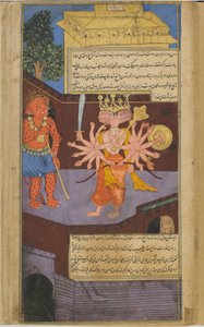 المجلد ٢ ص ٣٠٥ رافانا يواجه حارس باب مخيفًا في قصر فاليس (ألوان مائية مبهمة وحبر وذهب على ورق) بواسطة المدرسة الهندية