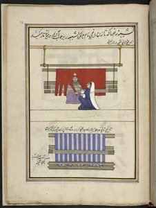 تقوم النساء بإعداد خيوط السداة ،  86 رسمة مجمعة في مجلد تصور الحرف والمهن في كشمير ، يظهر الحرفيون في العمل بأدواتهم ومعداتهم ،  بواسطة فنان من كشمير ، ربما في سريناغار ، حوالي 1850-60 (غواش على ورق) بواسطة المدرسة الهندية