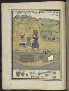 عمال حفر الأرض ونقلها.  86 رسمة مجمعة في مجلد تصور الحرف والمهن في كشمير ، يظهر الحرفيون في العمل بأدواتهم ومعداتهم ،  بواسطة فنان من كشمير ، ربما في سريناغار ، حوالي 1850-60 (الغواش في بواسطة المدرسة الهندية