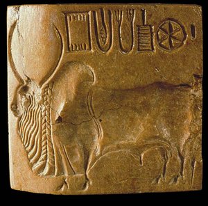 تم العثور على ختم Zebu Bull مع مخطوطة Indus في Mohenjo Daro ، Indus Valley ، الألفية الثالثة قبل الميلاد. بواسطة حضارة وادي السند.