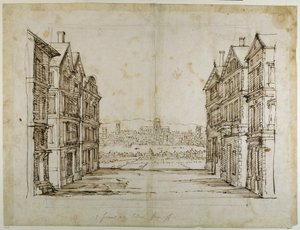 English houses with London and the Thames far off (pen & ink on paper) بواسطة إنيجو جونز