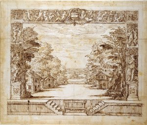 Proscenium and standing scene, c.1635 (pen & ink on paper) بواسطة إنيجو جونز