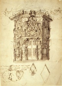 The Masque of Queens, scene 2: the House of Fame, c.1609 (pen & ink on paper) بواسطة إنيجو جونز