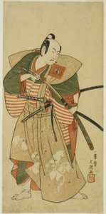 الممثل Ichikawa Komazo II بدور Kudo Saemon Suketsune (؟) في مسرحية Haru wa Soga Akebono-zoshi (؟) ، تم أداؤه في مسرح ناكامورا (؟) في الشهر الأول ، 1772 (؟) بواسطة إيبيتسوساي بانشو