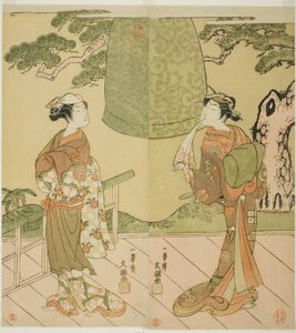 الممثلان Ichimura Uzaemon IX في دور Shume no Hangan Morihisa (يمين) ، و Sanogawa Ichimatsu II في دور Chujo (يسار) ، في مسرحية Edo no Hana Wakayagi Soga ، تم عرضها في مسرح Ichimura في الشهر الثاني ، 1769 بواسطة إيبيتسوساي بانشو