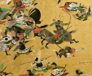 شاشة ساموراي أثرية تصور سقوط قلعة أوساكا في عام 1615 - معروضة في ... 2005 (الصورة)