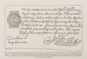 الفاكس لأقدم شهادة معروفة صادرة بموجب ختم Grand Lodge of Ireland بتاريخ 1762 بواسطة المدرسة الايرلندية