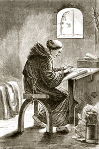 كتابة القديس فنسنت في زنزانته في فيرينز ، من The Trias Thaumaturga ، أو ثلاثة قديسين عجائب في أيرلندا ، بقلم ماري كوساك (1829-1899) المنشورة c.1890s بواسطة المدرسة الايرلندية