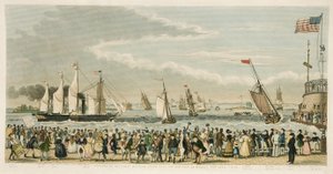 وصول السفينة البخارية الغربية الكبرى ، قبالة نيويورك يوم الاثنين 23 أبريل 1838 ، الحانة. 1842 (نقش يدوي) بواسطة إسحاق روبرت كروكشانك