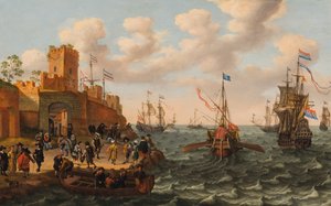 ثلاثة رؤساء هولنديين ومخزن بابوي مع شحن آخر على طول ساحل مدينة محصنة ، حوالي 1662 (زيت على لوح) بواسطة إسحاق ويليارتس