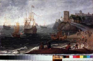 سوق السمك على الشاطئ (سوق السمك على شاطئ البحر). اللوحة التي رسمها إسحاق ويلارتس (1620-1693). زيت على خشب ، 35.5 × 67 سم ، حوالي عام 1640. الفن الهولندي من القرن السابع عشر. متحف الدولة للتاريخ والفنون ، سربوخوف (روسيا). بواسطة إسحاق ويليارتس