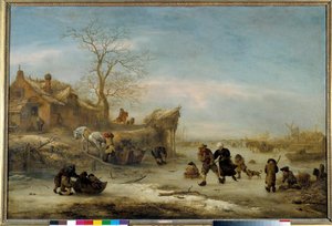 Canal gele with pair skating Painting by Isaak Van Ostade (1621-1649). 17th century Sun. 1x1.49 m