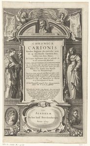 صفحة العنوان لـ Chronica Carionis بواسطة P. Melanchthon Chronica Carionis vanden beginne des worlts aen tot op den Keyser Carolum (العنوان على الكائن) بواسطة جان جانز.