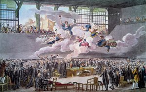 الثورة الفرنسية: "" Le oath du jeu de Paume le 20 juin 1789 "يقسم النواب بعدم فصل أنفسهم حتى يتم تصحيح الدستور. نقش إيزيدور هيلمان (1743-1809) 1789 باريس ، ب.