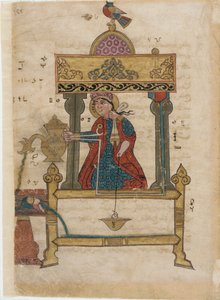 آلية غسل اليدين بآلية تدفق ، ورقة من كتاب الأجهزة الميكانيكية البارعة ؛ الجزري ، 1315 (مرحاض غير شفاف ، حبر وذهب على ورق) بواسطة مدرسة إسلامية