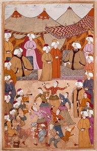 الفن الإسلامي: "" الرقص من أجل متعة السلطان أحمد الثالث (1673-1736) "" جواش على ورق ليفني من "" Surnama "(اللقب الأول) وهبي) لأول مرة في القرن الثامن عشر متحف توبكابي سراي ، اسطنبول بواسطة مدرسة إسلامية
