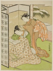 فتاة تلعب مزحة على شاب يغفو بواسطة Isoda Koryusai