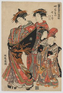 نماذج للأزياء: تصميمات جديدة مثل أوراق شابة منعشة: The Courtesan Nanasato of Yotsumeya with Attendants Nanaji and Satoji ، فترة إيدو ، 1778-80 (طبعة خشبية ملونة)