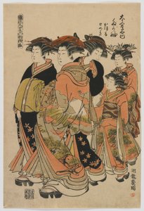 عارضات الأزياء: تصميمات جديدة مثل الأوراق الشابة الطازجة: The Courtesan Tagasode of Daimonjiya مع Katsuru و Tomeki و Attendant ، فترة إيدو ، 1778-80 (طباعة ملونة من الخشب) بواسطة إيسودا كوريوساي