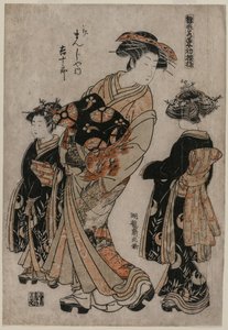 المحظية Kichijuro من Kage Manjiya مع اثنين من Kamuro (من سلسلة نماذج للأزياء: تصميمات جديدة مثل الأوراق الصغيرة) بواسطة إيسودا كوريوساي