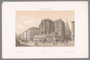 Zicht op de kerk Saint-Nizier en de rue de l'Impératrice te ليون ليون. Apse of St. Nizier and Rue de l'Impératrice (title on object) Hedendaags Frankrijk (series title) France Today (series title on object)