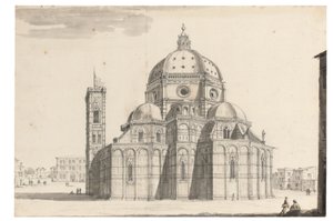 The Duomo and Campanile ، فلورنسا (طباشير أسود وقلم وحبر رمادي وغسل بني ورمادي على ورق بجهاز علامة مائية) بواسطة إسرائيل الأصغر سيلفستر