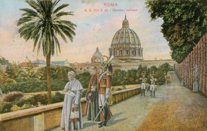 البابا بيوس العاشر في حدائق الفاتيكان ، روما. أُرسلت البطاقة البريدية عام 1913. بواسطة مصور إيطالي