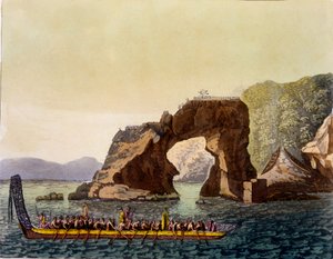 نقطة نظرة محصنة من الماوري في نيوزيلندا ، إلى جانب زورق حرب الماوري ، 1820s-30s (أكواتنت ملونة باليد) بواسطة المدرسة الايطالية