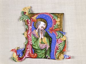 قديس صلي ، حرف R كبير مؤرخ ، حوالي 1400 (مؤرخ بالأحرف الأولى ، مقطوع من المضاد على الرق) بواسطة المدرسة الايطالية