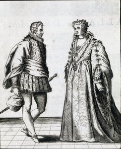 زوجان من النبلاء الإيطاليين. نقش من صفقات "Il ballarino" (أو Il dancer) على رقصة سيد الرقص Fabritio Caroso (1527 / 1535-1605 / 1620) 1581. المتحف المدني Biblioteca Musicale ، بولونيا بواسطة المدرسة الايطالية