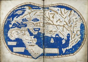 أضف 15760 f.68v-69 خريطة العالم ، من "Insularium Illustratum" ، بقلم إنريكو مارتيلو ، كونه سردًا للجزر ، خاصة البحر الأبيض المتوسط ، مع مخططات ملونة ، إيطالي ، حوالي 1470 (ورق) بواسطة المدرسة الايطالية