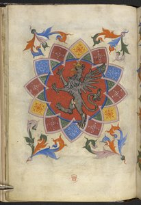 يضيف. 21965 ، f.5v شخصية الشعار: غريفين ، النظام الأساسي لنقابة الخياطين ، من "Matricula artificum Artis Sartorum civitatis Perusii" (حبر ولون على ورق) بواسطة المدرسة الايطالية