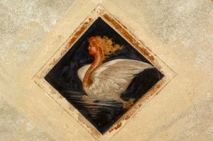 بجعة مجسمة، لوحة جدارية، قصر تيرننغو غرومو (القرن السادس عشر)، حي القرون الوسطى في بياتسو، بييلا، بيدمونت، إيطاليا بواسطة المدرسة الايطالية