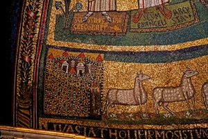 تفاصيل الذروة ، القدس والأغنام (فسيفساء) بواسطة المدرسة الايطالية