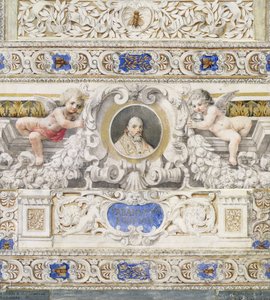مخطط معماري مع صورة البابا أوربان الثامن (1568-1644) في خرطوشة ربما القرن السابع عشر (مرحاض) بواسطة المدرسة الايطالية