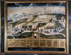 وصول كوزيمو الأول من ميديشي إلى سيينا (1389 - 1464) - الأرشيف الوطني ، سيينا. بواسطة المدرسة الايطالية