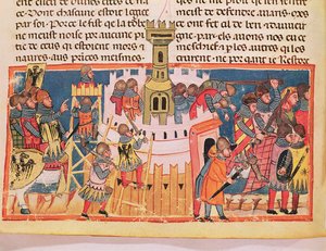مهاجمة حصن من "Le Vite di Dodici Cesari" من قبل Suetonius (c.75-150) (الرق) بواسطة المدرسة الايطالية