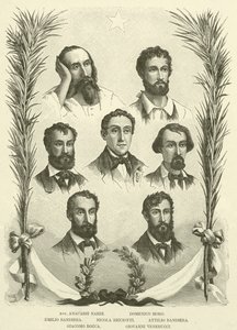Avv Anacarsi Nardi ، Domenico Moro ، Emilio Bandiera ، Nicola Ricciotti ، Attilio Bandiera ، Giacomo Rocca ، Giovanni Venerucci (نقش) بواسطة المدرسة الايطالية