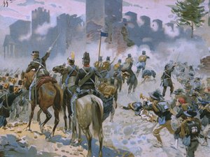 معركة سولفرينو وسان مارتينو ، 24 يونيو 1859 ، توضيح من ألبوم عن تاريخ Risorgimento المصنوع للشوكولاتة Talmone ، أواخر القرن التاسع عشر